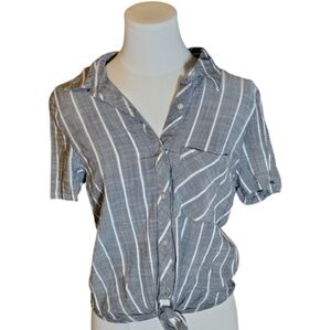 ⏰Universal Thread Gray & White Striped Tie Front Button Down Shirt Size Medium